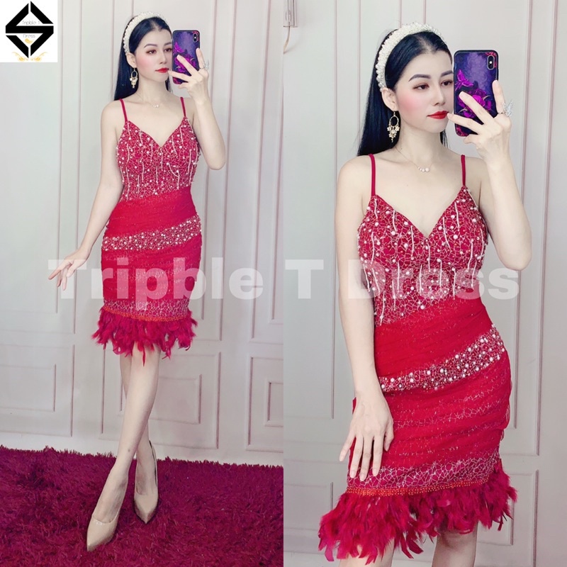 Đầm body 2 dây phối lông tua rua và kết cườm ren lỗ TRIPBLE T DRESS - size S/M/L -MS231Y