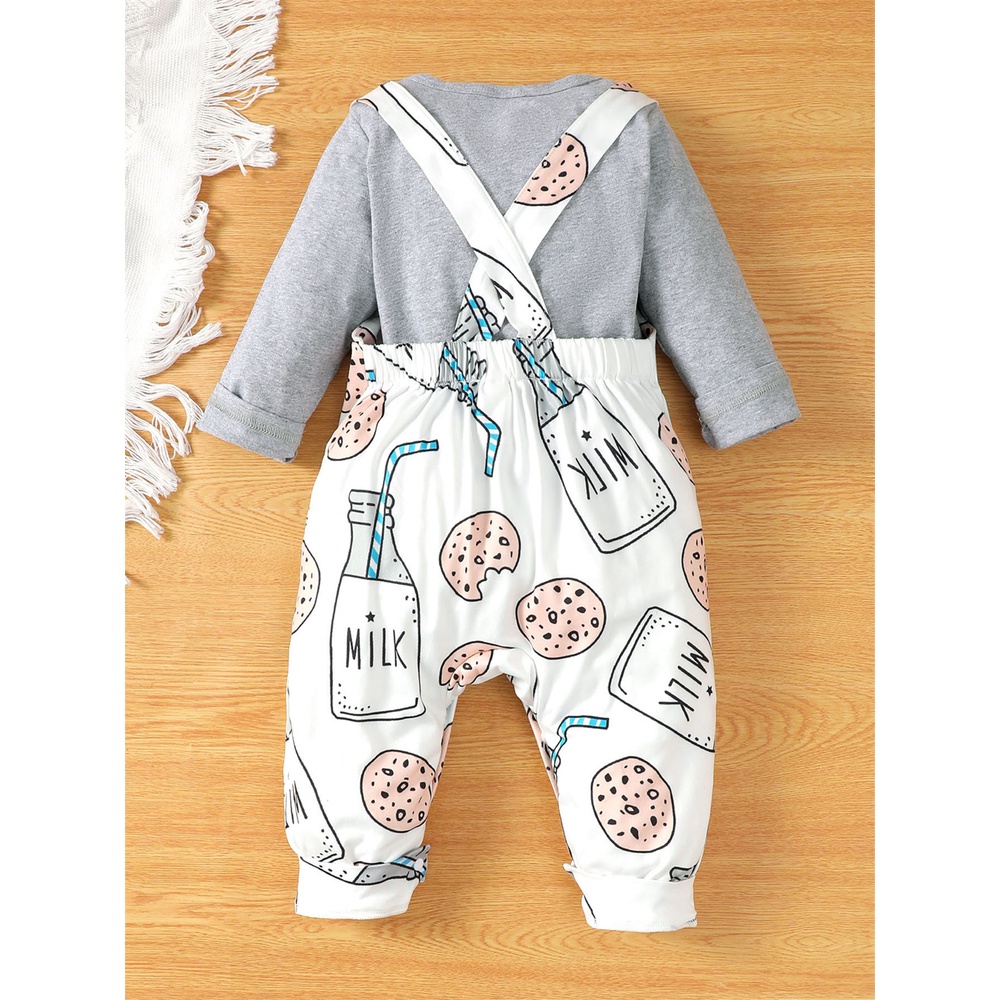 Set trang phục MIKRDOO áo liền quần tay dài và quần yếm in họa tiết bánh quy sữa hoạt hình đáng yêu cho bé trai sơ sinh