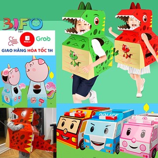 Mô hình đồ chơi hóa trang hình khủng long, heo peppa, Poli ngộ nghĩnh, bìa carton DIY tự lắp thân thiện môi trường