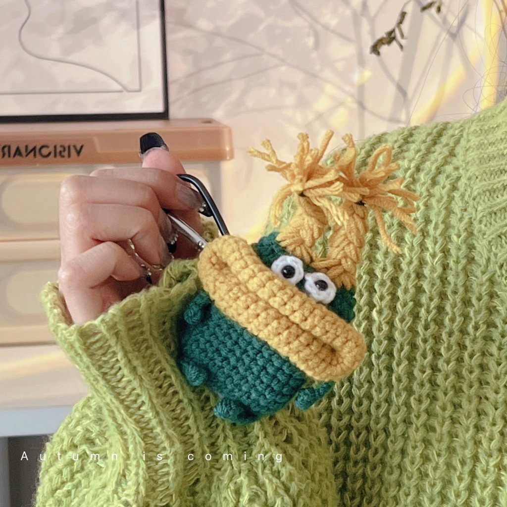 Vỏ Bảo Vệ Hộp Sạc Tai Nghe AirPods 1 2 3 2021 Bluetooth Không Dây Chất Liệu Tpu Mềm Đan Len Hình Quái Vật 3D Màu Xanh Lá