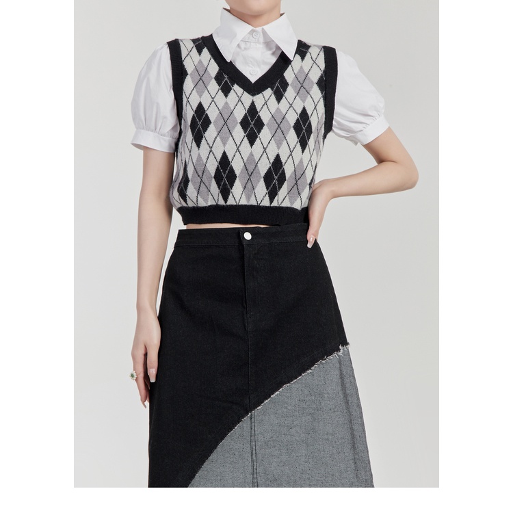 Aphrod Áo sweater Dệt Kim Giả Hai Lớp Phối Màu Tương Phản retro Cao Cấp