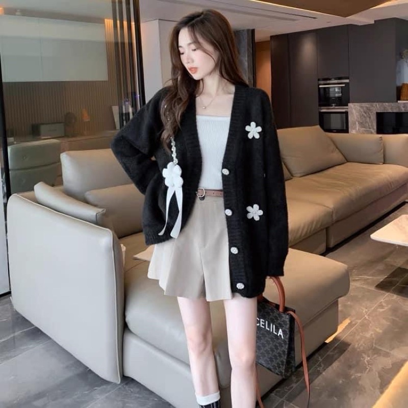 Áo cadigan lông thỏ kèm tag hoa ngọc