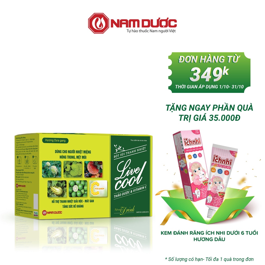 Bột sủi thanh nhiệt Livecool Nam Dược hương dưa gang 10 gói x7g hỗ trợ giảm nhiệt miệng nóng trong,giải độc,mát gan