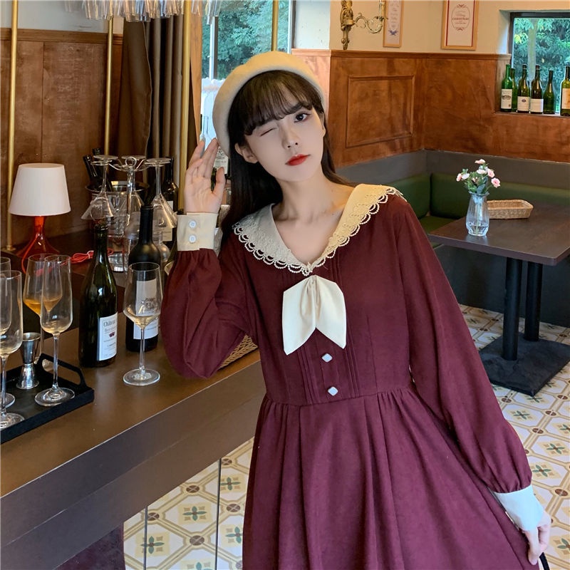 Đầm Ren Tay Dài Cổ Búp Bê Phong Cách Hàn Quốc Thời Trang Cho Nữ