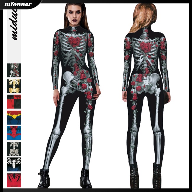 Bộ Áo Liền Quần Dài Tay In Hình Bộ Xương 3d Nhiều Màu Sắc Hóa Trang Halloween