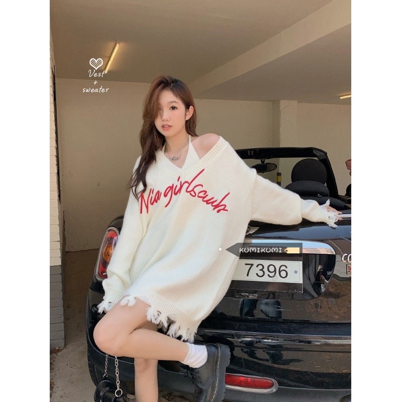 Set Áo Thun Dài Tay Cổ Tròn + Áo Len Hai Dây Thêu Chữ Thời Trang Nữ