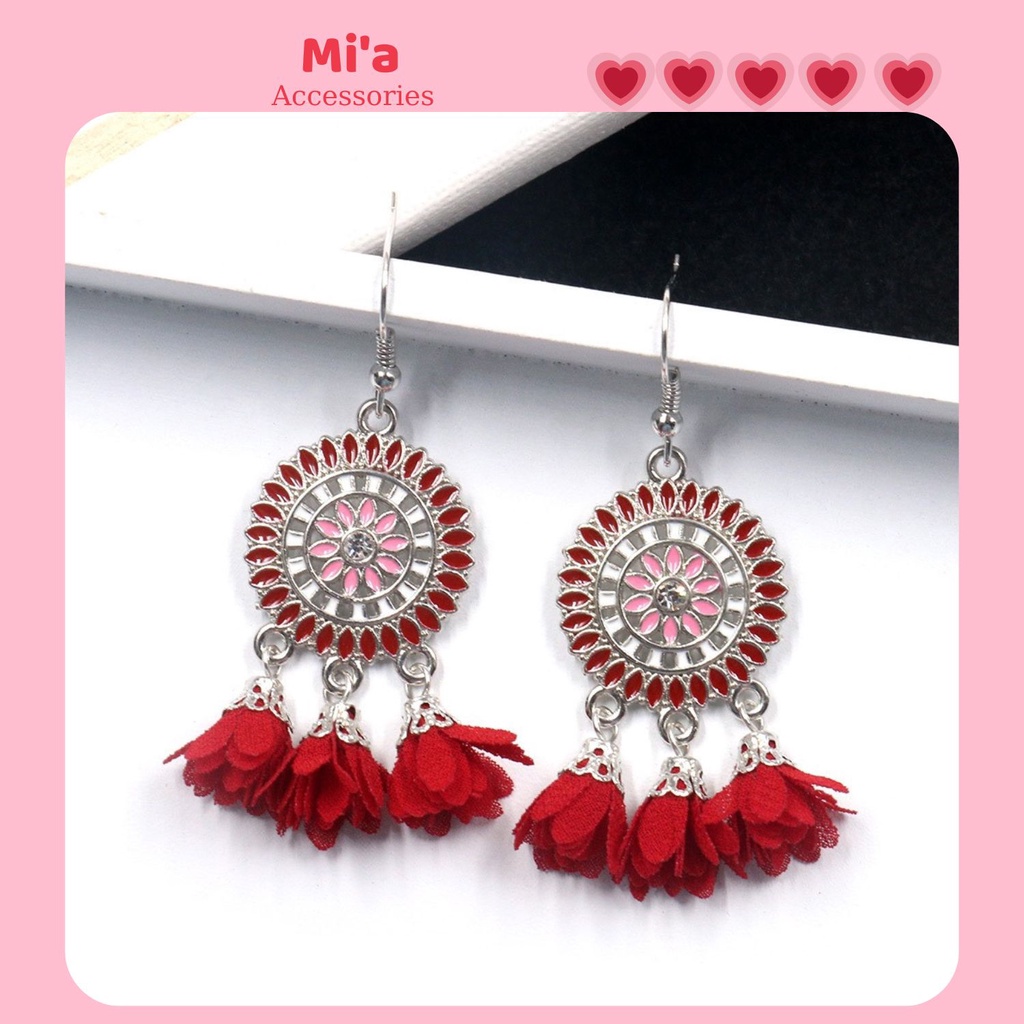 Khuyên tai tuarua hoa đỏ, bông tai boho vintage thời trang cho nữ