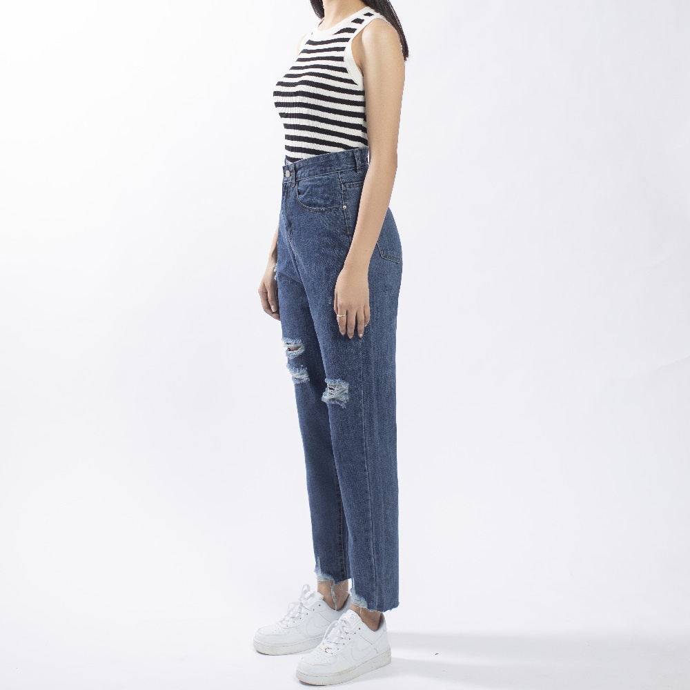 Quần baggy jean nữ rách gối cạp cao xắn gấu basic BG03 - La’coba