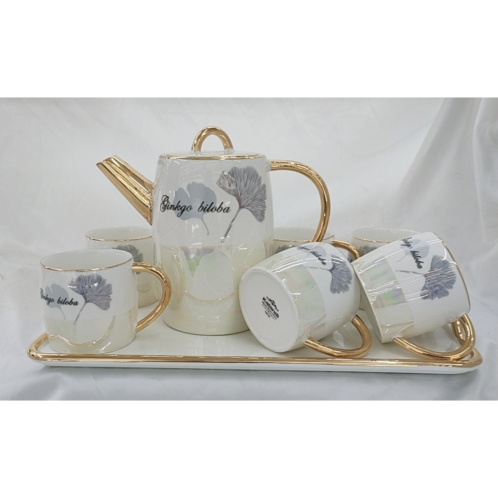 BỘ ẤM CHÉN SỨ XƯƠNG CỎ MAY MẮN KÈM KHAY VIỀN VÀNG CAO CẤP