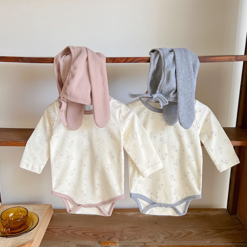 Áo Liền Quần Tam Giác Tay Dài Vải Cotton In Hình Thỏ Dễ Thương Thời Trang Mùa Thu Cho Bé