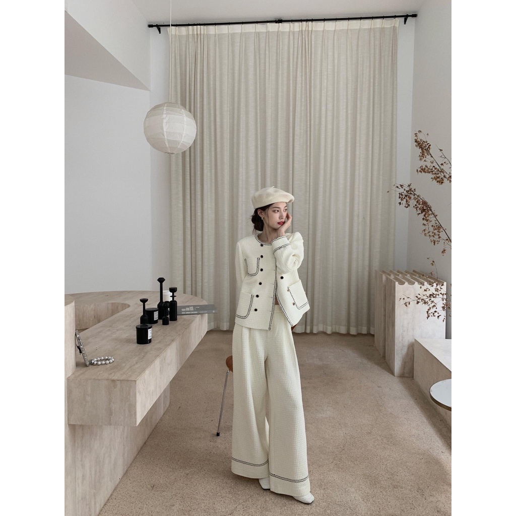 Set Dạ Tweed Phối Viền, Áo Khoác Cổ Tròn Và Quần Ống Suông, Thanh Lịch, Sang Chảnh - Aurora