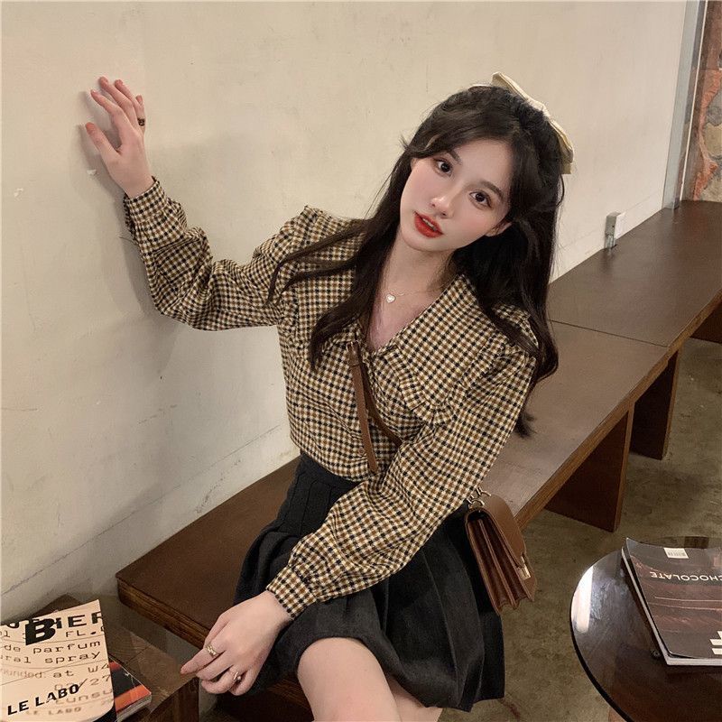 Áo Sơ Mi Tay Dài Cổ Búp Bê Họa Tiết Kẻ Sọc Màu Sắc Tương Phản Phong Cách Hàn Quốc Thời Trang Cho Nữ