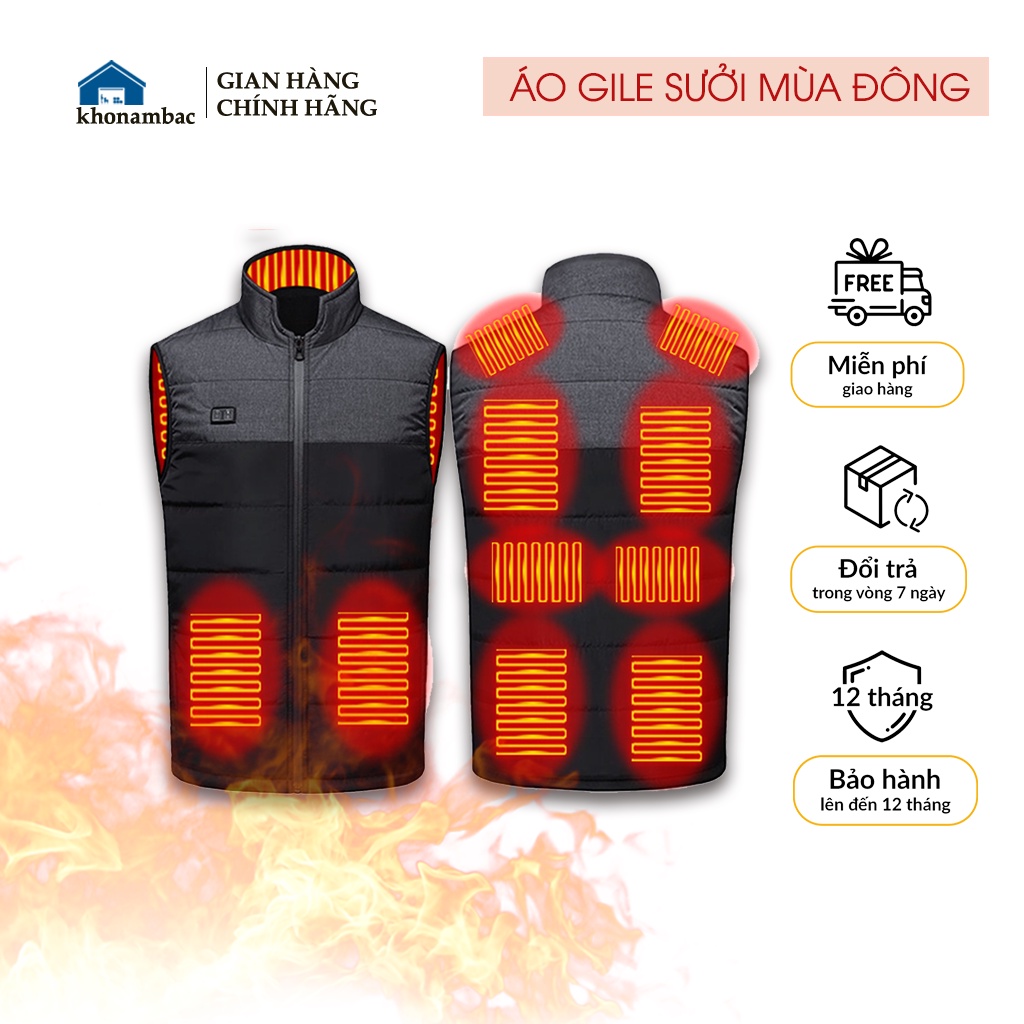 Áo Sưởi Ấm Mùa Đông Điều Chỉnh Nhiệt 25-45 Độ Cắm Sạc Dự Phòng 12V Sử Dụng 8-10 Giờ
