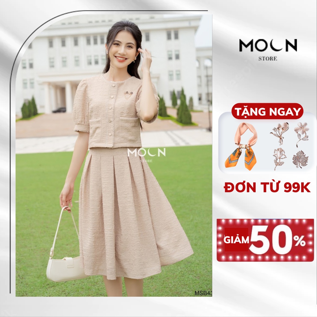 Set váy áo công sở thiết kế độc quyền MOON áo cổ tròn tay ngắn, đầm xòe công sở tay bồng hàn quốc MSB434
