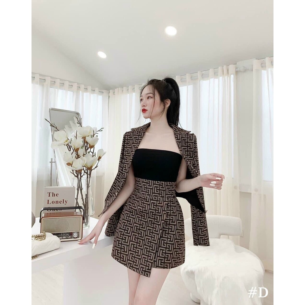 [11.11 Sale Freeship] Set váy thời trang nữ,set váy ba món áo vest dài tay mix chân váy đắp chéo kèm áo lót cotton dx