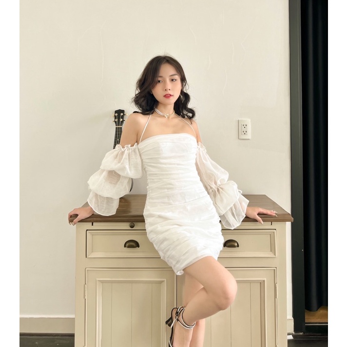 Mell02 dress - Váy tơ xước trắng nhún Onmellem