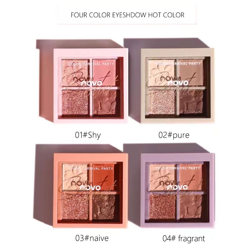 Novo® Bảng Phấn Mắt 4 Màu Lì Và Ánh Nhũ Kết Hợp Trang Điểm Kháng Nước 6g