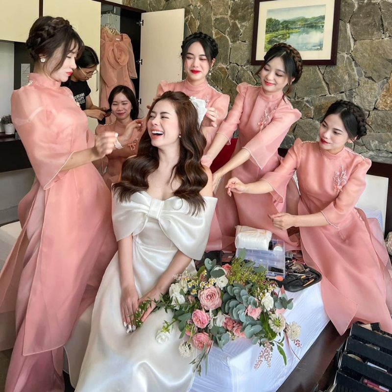 Set áo dài voan hồng tay lỡ set đồ dự tiệc sang trọng xẻ tà 2 lớp + Quần suông dài cực xịn sò sang chảnh