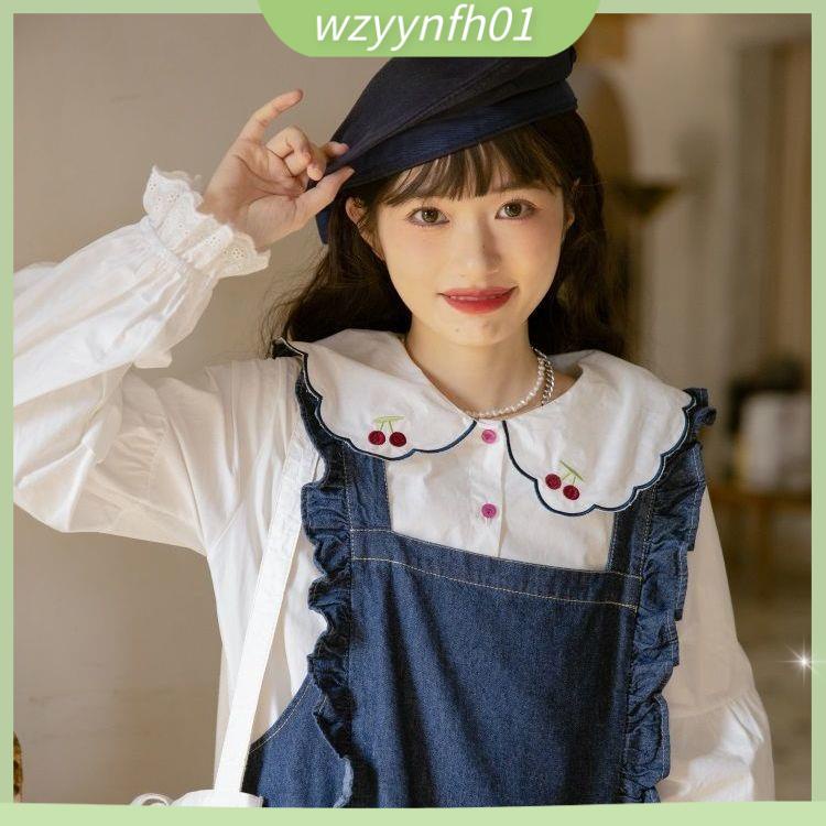 Váy yếm Set Áo Sơ Mi Cổ Búp Bê Tay Phồng Phối Chân Váy Yếm Denim Kiểu Retro Dễ Thương