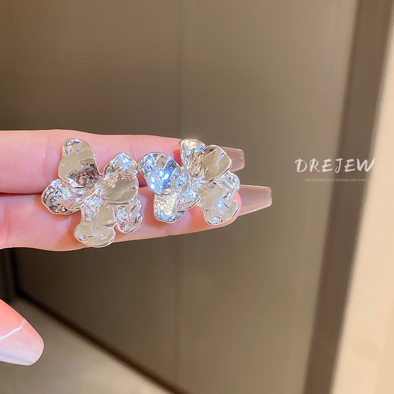 DREJEW Bông Tai Mạ Bạc Hình Hoa Xếp Ly Kiểu Dáng Đơn Giản Độc Đáo 2