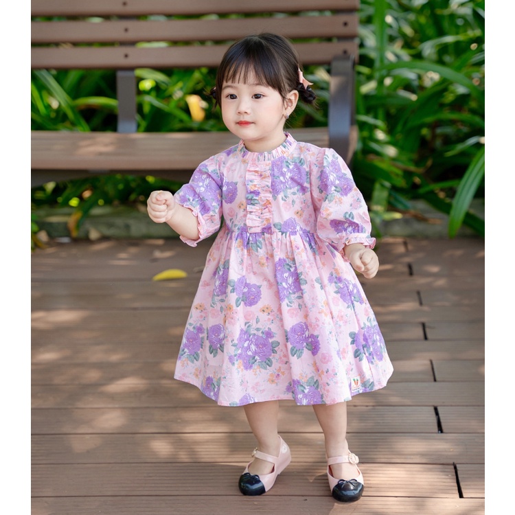 Váy Tay Lỡ Carrot Cho Bé Gái, Bèo Viền Ngực, Hoạ Tím Xinh Xắn, Chất Liệu Thô Cotton