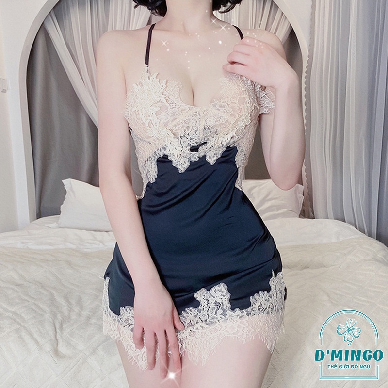 Váy ngủ sexy đầm ngủ gợi cảm đồ ngủ cosplay sẽy 2 dây lụa phối ren xẻ eo VN28