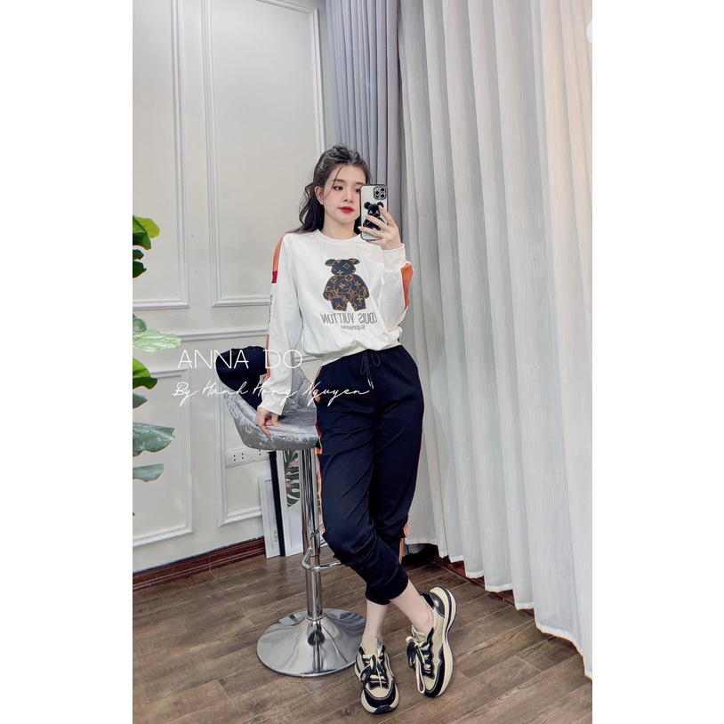 [11.11 Sale Freeship] Set bộ thể thao nữ,set áo tay dài cổ tròn in hình gấu quần dài ống túm phối viền nhiều màu sắc