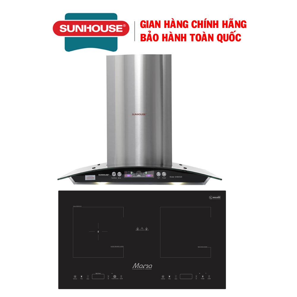 Combo Bếp đôi điện từ hồng ngoại Sunhouse MAMA MMB9100VN + Máy hút mùi kính cong Sunhouse SHB6626