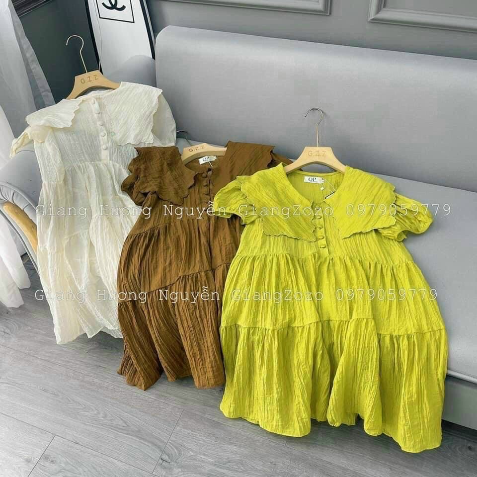 đầm baby đũi kiểu cổ bẻ phối nút hot