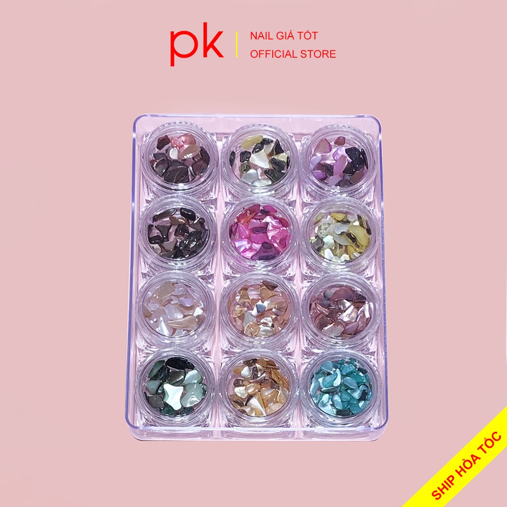 Set sỏi nail, sỏi trang trí móng 12 hũ mix đủ màu