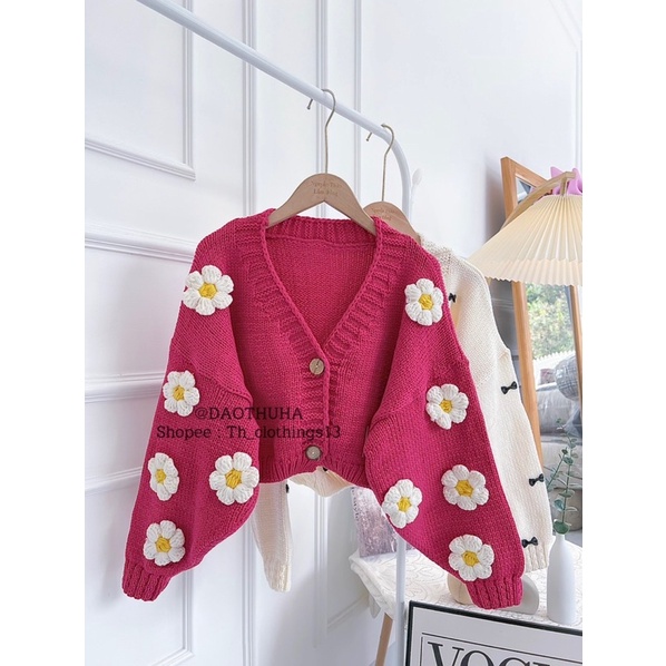 ÁO LEN CARDIGAN HOA NỔI MÀU HỒNG