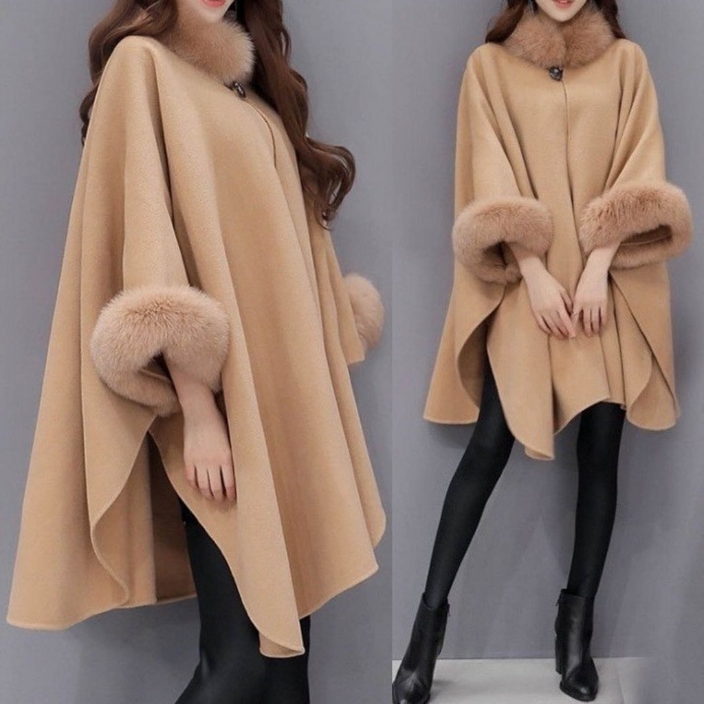 Áo Choàng Poncho Giả Lông Thú Màu Sắc Trơn Giữ Ấm Mùa Thu Đông Cho Nữ