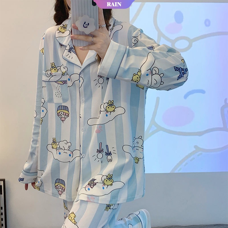 SANRIO Bộ Đồ Ngủ Hai Mảnh Tay Dài Dáng Rộng In Họa Tiết Hoạt Hình Cinnamoroll Dễ Thương Thoải Mái Cho Nữ