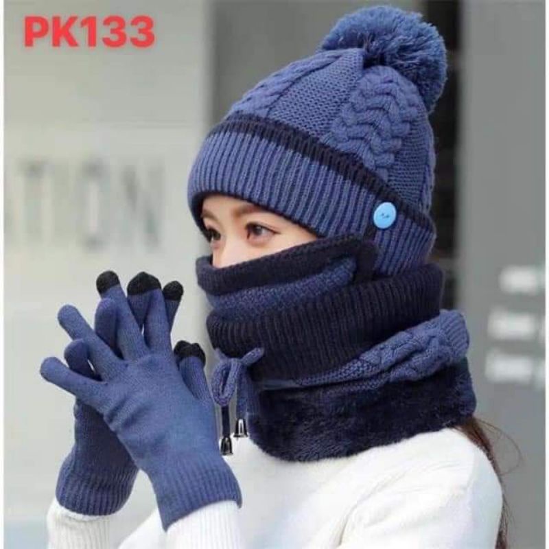 Sét khăn mũ len kèm khẩu trang dành cho nữ lót lông dày mịn siêu ấm