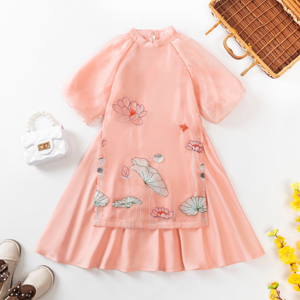 Áo Dài Cho Bé Gái Cách Tân Họa Tiết Hoa Sen Tay Bồng Chất Tơ Óng Mềm Mại Màu Sắc Nhẹ Nhàng 8 - 32Kg