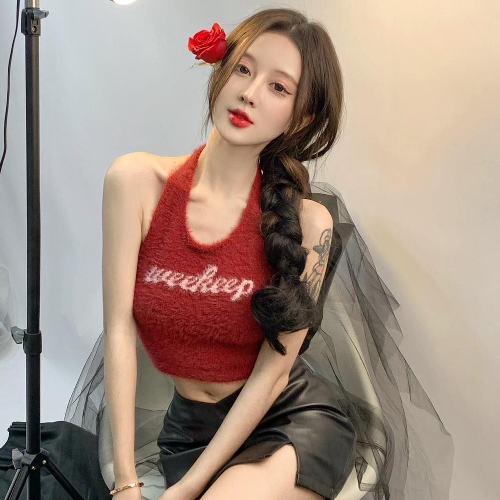 Jiashucheng Áo Hai Dây Ngắn In Chữ Nhỏ Phối Lông Phong Cách Mỹ Thời Trang Mùa Thu Mới Cho Nữ