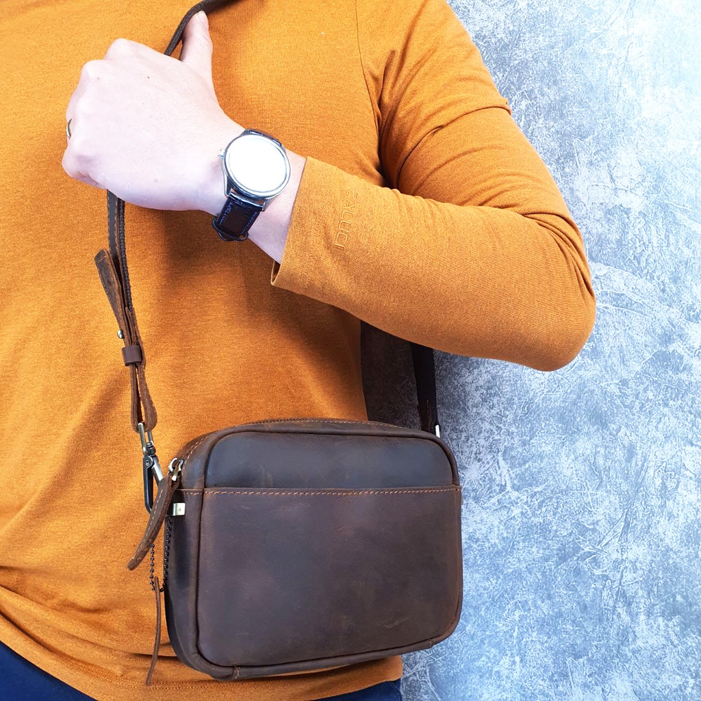 Túi đeo chéo nam kết hợp Clutch cầm tay da bò thật TD118LEA  - 100% da bò thật, BH 3 năm