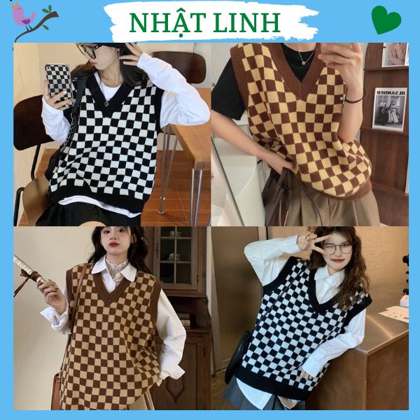 Áo gile len nữ cổ tim NHẬT LINH áo len nữ Caro đen trắng cá tính trẻ trung - A26
