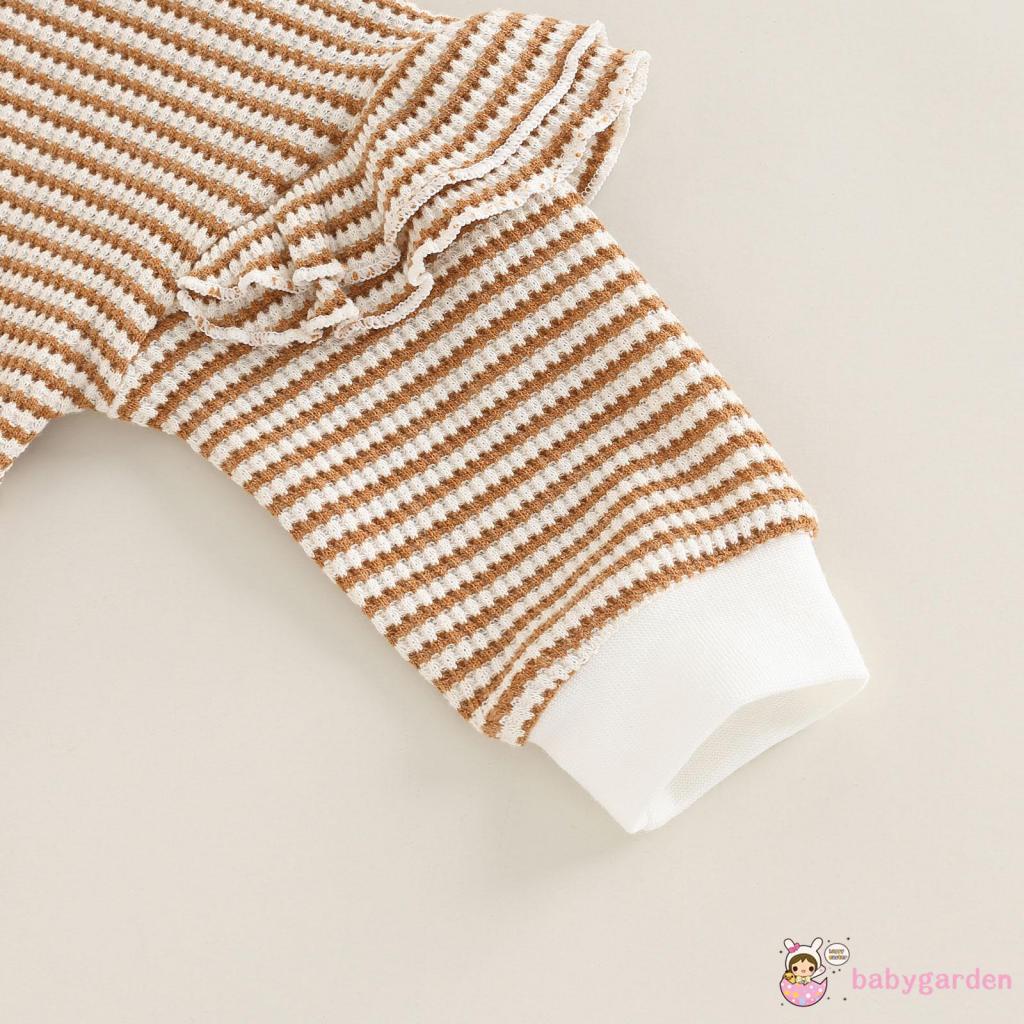 Bộ Áo Liền Quần Dài Tay Phối Bèo + Băng Đô Họa Tiết Kẻ Sọc Thời Trang Mùa Thu Cho Bé Gái 0-18 Tháng Tuổi