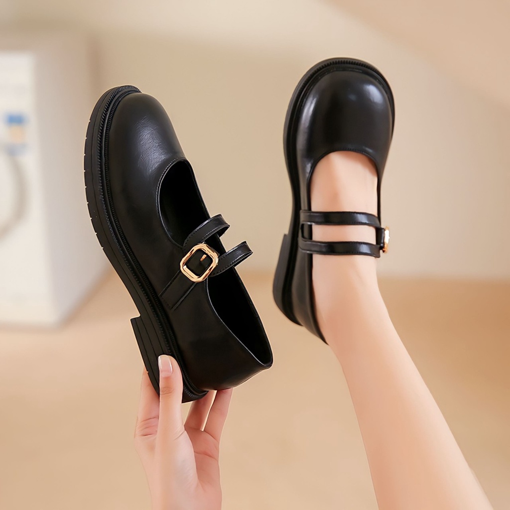 Giày búp bê lolita đế bằng 2 dây phối khóa chất da mềm lên chân xinh xắn mã TTK16