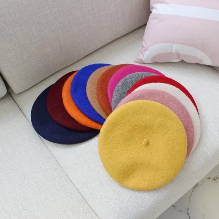 (13 Colors)Winter Elegant Lady Women Wool Plain Felt Beret Solid Hat French Beanie Flat Cashmere Cap