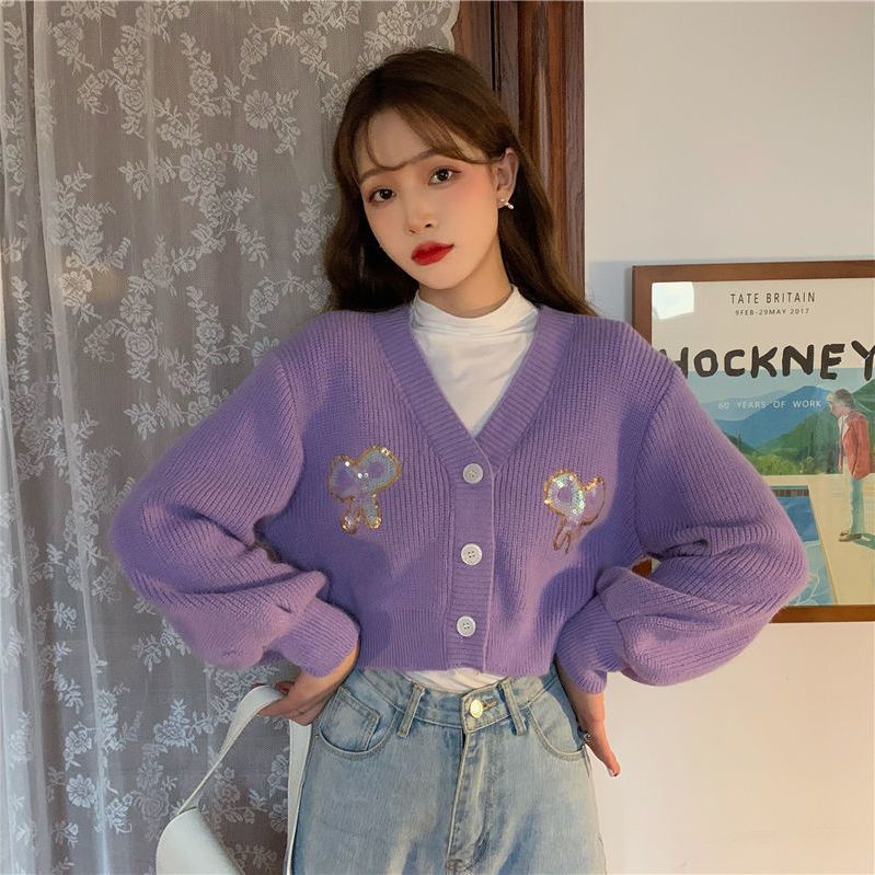 Jiashucheng Áo Khoác Sweater Tay Dài Dáng Rộng Ngắn Màu Tím Phong Cách Hàn Quốc Cho Nữ