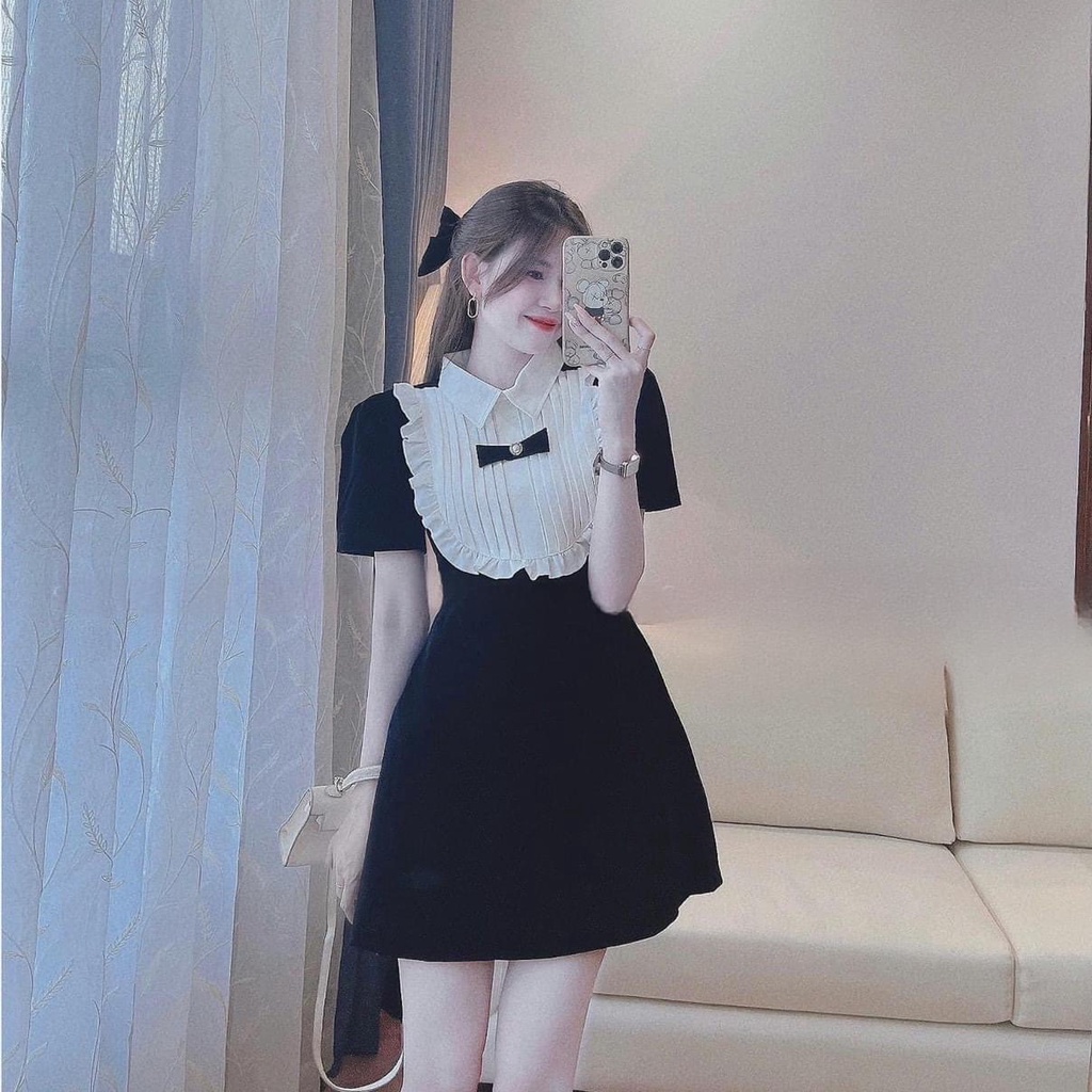 Váy đầm nữ cổ bèo dập ly đính nơ dễ thương tay ngắn chất liệu nhung mềm mại