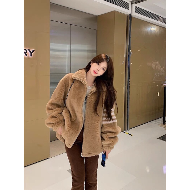 Áo khoác lông kẻ 3 sọc tay cổ cao  Áo khoác mùa đông nam nữ có 4 màu form rộng chất lông dày ANASHOP9X