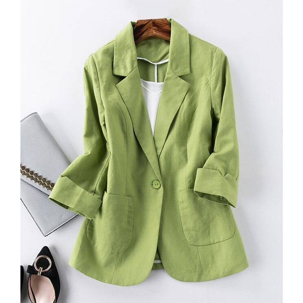 Áo khoác vest blazer nữ tay lỡ sắn túi hộp, chất vải Linen thô Prenium (Xanh cốm), có 5 màu lựa chọn