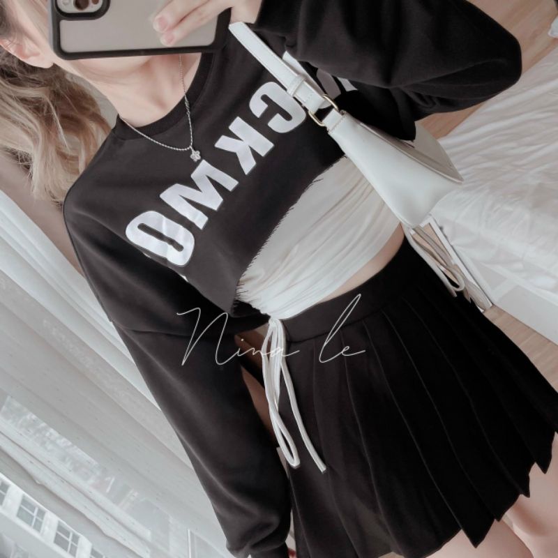 Sét áo cặp  RÚT DÂY 2 bên croptop in chữ ROCKMO