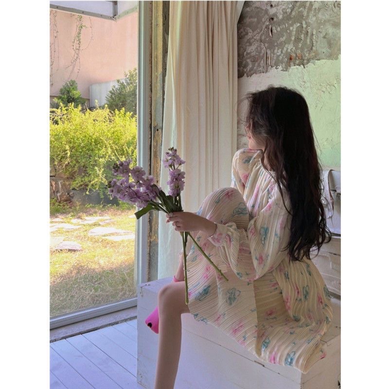 Váy maxi hoa xếp ly nhỏ pure desire pháp eo nhỏ cao cấp khí chất nhẹ nhàng như gió mùa xuân thu 2022