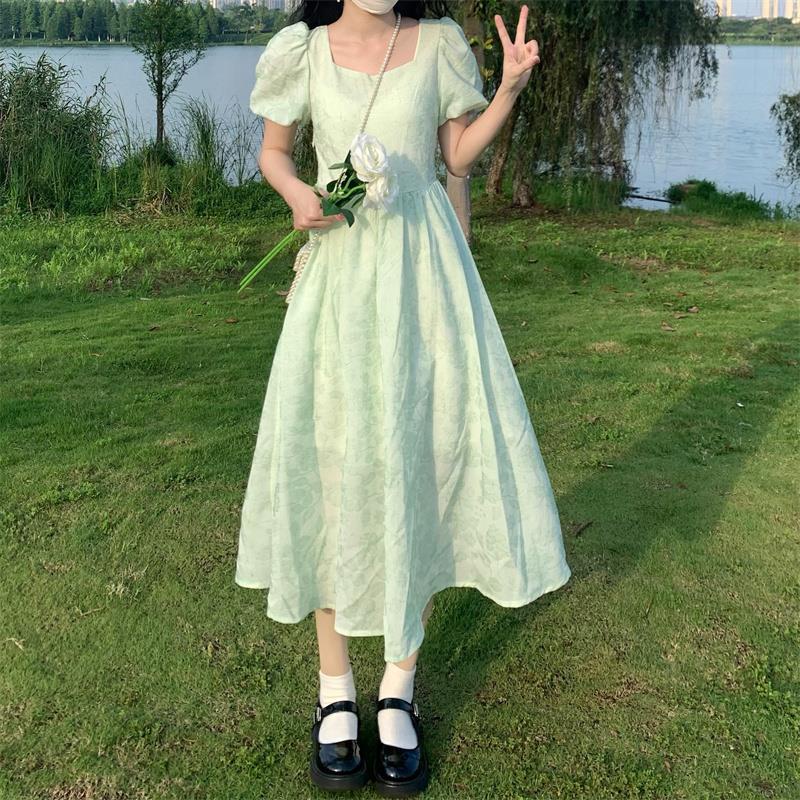 Đầm Cổ Vuông Eo Co Giãn Đính Nơ Màu Xanh Lá Thời Trang Mùa Hè Hàn Quốc Cho Nữ