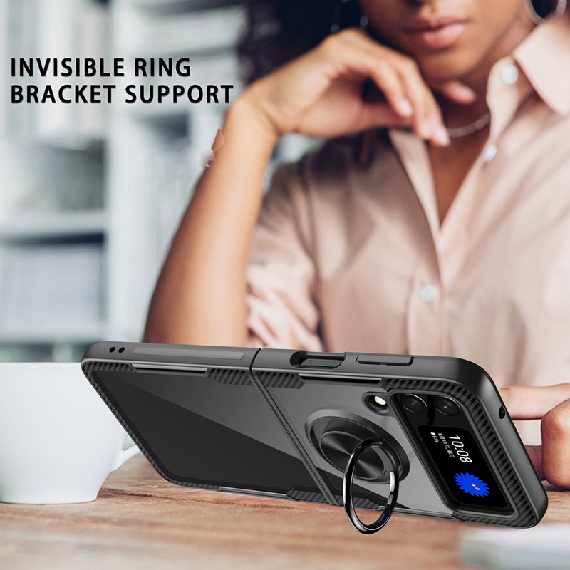 Ốp Điện Thoại Kiểu Giáp Chống Sốc Kèm Giá Đỡ Nhẫn Từ Tính Cho Samsung Z Flip 3 4 Flip3 Flip4 5G