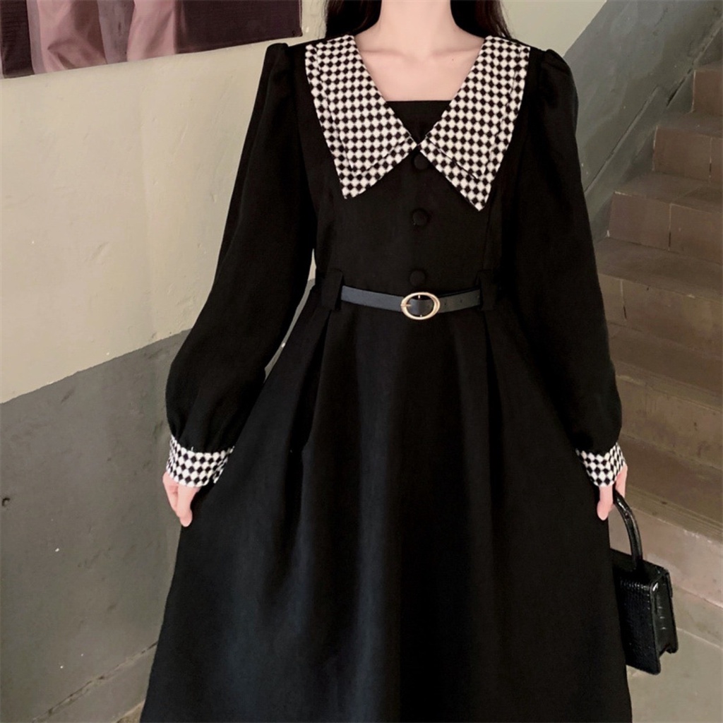 Váy đầm cổ kẻ hai màu đen nâu dài qua gối kèm dây thắt lưng phong cách Hàn Quốc MS2123